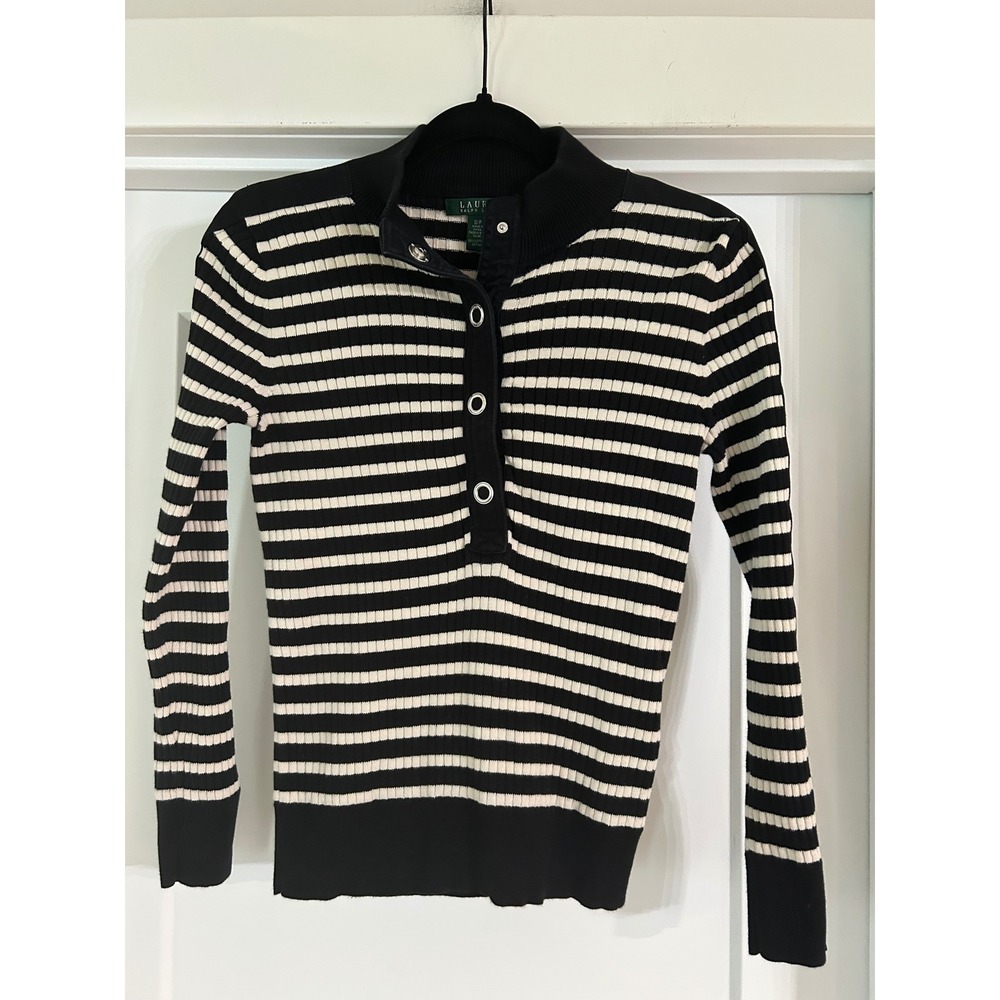Lauren Ralph Lauren Black White Striped Ribbed Mock Neck Button Sweater Small